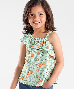 Babyhug 100% Cotton Knit Sleeveless Top with Ruffle Detailing & Fruity Print - Green