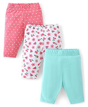Babyhug Cotton Lycra Knit Capri Length Leggings Floral & Polka Dots Print Pack of 3 - Pink White & Turquoise