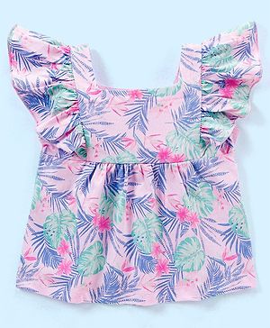 Babyhug 100% Cotton Knit Half Sleeves Tee with Frill Detailing Floral Print - Light Pink