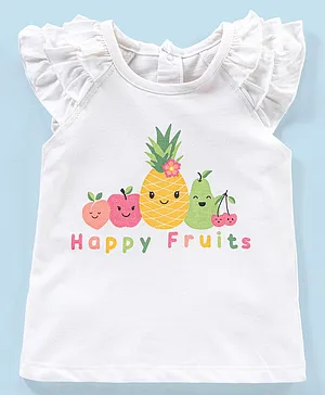 Babyhug Cotton Frill Sleeves Tee With Fruit Graphics Frill & Glitter Detailing- Off White
