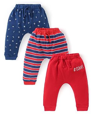 Babyhug Cotton Full Length Diaper Pants Stripes &  Text Print Pack Of 3- Red & Blue