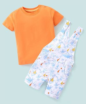 Babyhug 100% Cotton Dungaree & Half Sleeves T-Shirt with Palms Trees & Boat Print - Orange & White