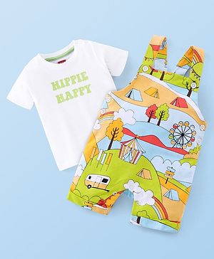 Babyhug 100% Cotton Knit Half Sleeves T-Shirt & Dungaree Set Tent Print - White & Green