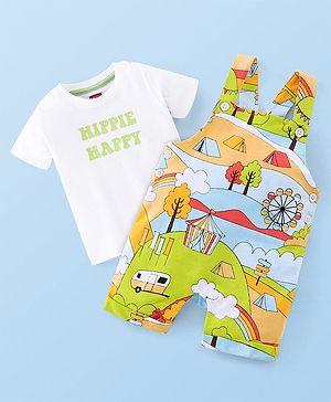 Babyhug 100% Cotton Knit Half Sleeves T-Shirt & Dungaree Set Tent Print - White & Green