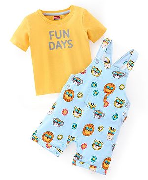 Babyhug 100% Cotton Half Sleeves Tee & Dungaree Set Lion & Text Print- Yellow & Blue