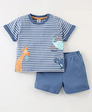 ToffyHouse Cotton Half Sleeves Striped T-Shirt & Shorts Set With Embroidery-Blue