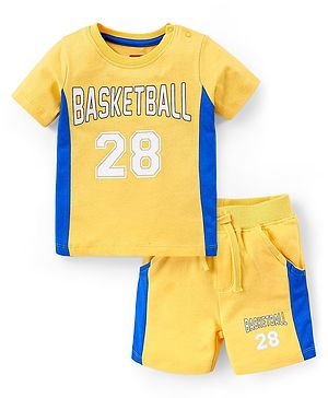 Babyhug 100% Cotton Half Sleeves Basket Ball Text Print T-Shirt & Shorts - Yellow