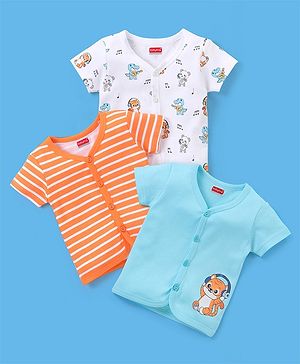 Babyhug 100% Cotton Half Sleeves Vests Stripes & Panda Print Pack of 3 - Turquoise Orange & White