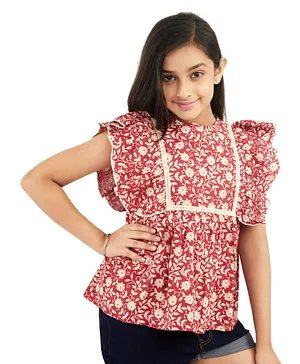 Olele Short Frill Sleeves Botanical Floral Printed Ruffle Lace Detail Top - Rust Red