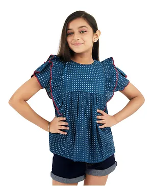 Olele Half Sleeves Polka Dots Printed Ruffle Top  - Blue