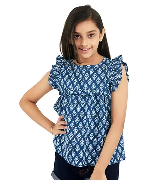Olele Cap Frill Sleeves Floral Motif Printed Ruffle Top - Indigo Blue