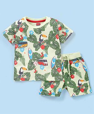 Babyhug Cotton Half Sleeves T-Shirt and Knee Length Shorts Bus Print - Green
