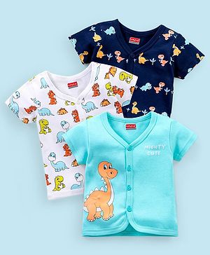 Babyhug 100% Cotton Knit Half Sleeves Set of Vests Dino Print Pack of 3 - Multicolor