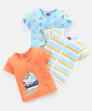 Babyhug 100% Cotton Vests Striped & Boat Print Pack of 3 - Orange Blue & White