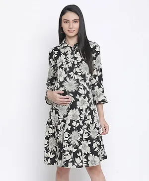 Oxolloxo  Three Fourth Sleeves Aroma Floral Printed Maternity Dress - Black