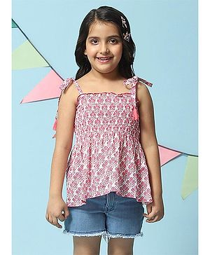 BIBA Sleeveless Floral Motif Printed Smocked Top -  Pink & Off White