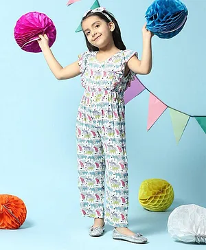 BIBA Frilled Sleeves Animals Printed Jumpsuit - White