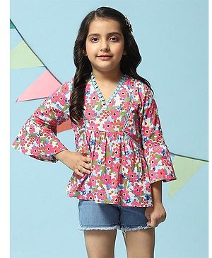 BIBA Full Sleeves Garden Flower Printed Angrakha Style Top - Blue