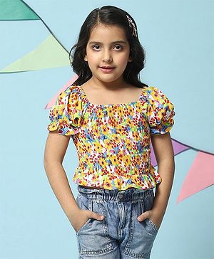 BIBA Puffed Short Sleeves Seamless Summer Flowers Printed Smocked Bodice Top - Yellow