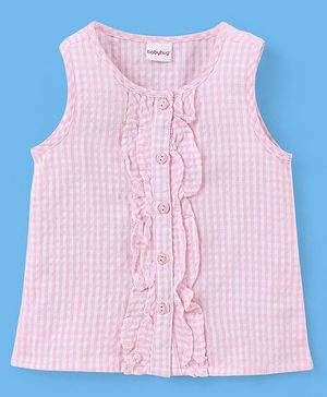 Babyhug Cotton Sleeveless Seer Sucker Checked Woven Top With Frill Detailing- Pink