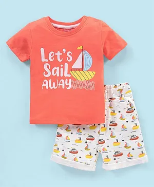 Babyhug 100% Cotton Half Sleeves T-Shirt & Shorts Boat Print - Coral
