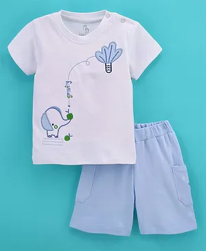 Baby Go 100% Cotton Knit Half Sleeves T-Shirt & Shorts Set Baby Elephant Embroidered - Sky Blue