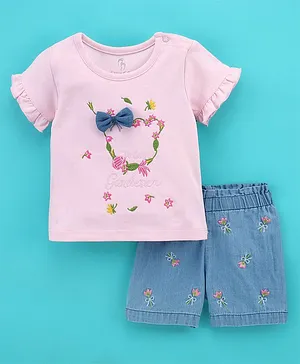 Baby Go 100% Cotton Interlock Knit Half Sleeves Top & Shorts Set Floral Embroidered with Bow Applique - Pink & Blue