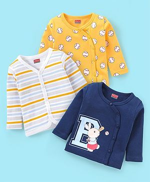 Babyhug 100% Cotton Full Sleeves Vest Stripes & Tennis Ball Print Pack Of 3- Blue & Yellow