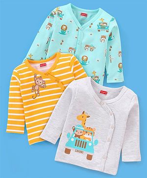 Babyhug 100% Cotton Full Sleeves Vests Striped & Lion Print Pack of 3 - Yellow Grey & Green