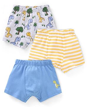 Babyhug 100% Cotton Dino Printed Trunk Pack of 3 - White Yellow  & Blue
