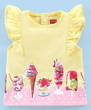 Babyhug 100% Cotton Knit Frill Sleeves Top with Ice Cream Graphics Print - Yellow