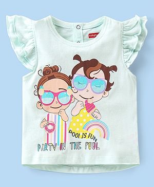 Babyhug 100% Cotton Knit Half Sleeves Summer Graphics & Frill Detailing Top - Light Blue