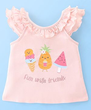 Babyhug Cotton Sleeveless Tee With HD Graphics & Frill Detailing- Pink