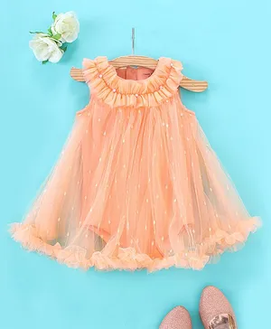 Mark & Mia Sleeveless Frock Style Onesie Sequin Embellished & Frill Detailing - Peach