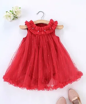 Mark & Mia Sleeveless Frock Style Onesie with Frill & Pearl Detailing - Red