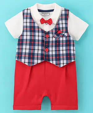 Wonderchild Half Sleeves Waistcoat Designed Bow Applique Romper - Red