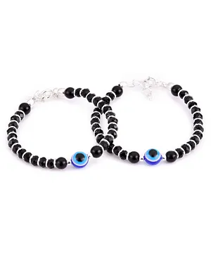 Silver Arts 925 Silver Pair Of Evil Eye Nazariya Bracelet With Black And Crystal Beads - Diameter 4 cm