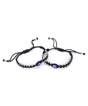 Black Silver 925 Pure Silver Pair Of Thread Evil Eye Nazariya Bracelet - Diameter 6 cm