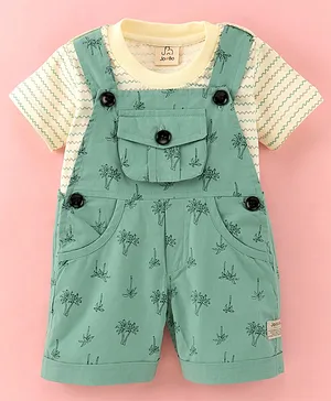 Jo&Bo Sleeveless Coconut Trees Printed Dungaree With Half Sleeves Striped Tee - Green