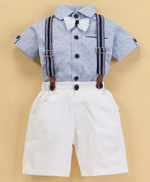Jo&Bo Half Sleeves Graph Checkered Suspender Shirt With Bow & Shorts - Blue