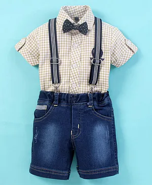 Jo&Bo Half Sleeves  Gingham Checkered & Placement Embroidered Shirt With Shorts Cap & Bow - Pista Green