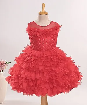 Enfance Sleeveless Ruffled Corsage Checked Self Design Bodice Stone Embellished Dress - Red