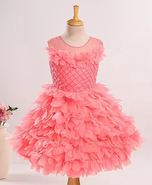 Enfance Sleeveless Ruffled Corsage Checked Self Design Bodice Stone Embellished Dress - Peach