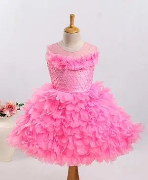 Enfance Sleeveless Ruffled Corsage Checked Self Design Bodice Stone Embellished Dress - Pink