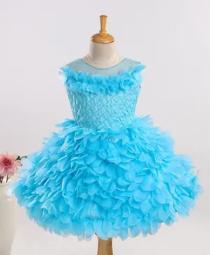 Enfance Sleeveless Ruffled Corsage Checked Self Design Bodice Stone Embellished Dress - Ferozi Blue