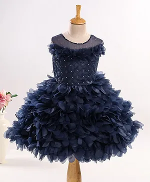 Enfance Sleeveless Ruffled Corsage Checked Self Design Bodice Stone Embellished Dress - Navy Blue