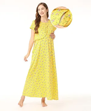 Bella Mama 100% Cotton Knit Half Sleeves Nursing Nighty Avocado Print - Yellow