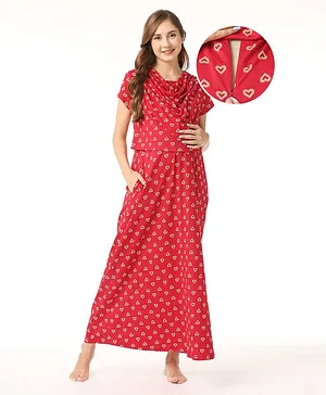 Bella Mama 100% Cotton Knit Half Sleeves Heart Printed Nursing Nighty with Concealed Zipper - Red
