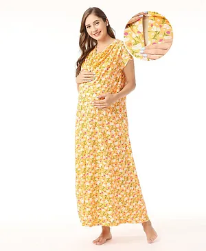 Bella Mama Cotton Knit Half Sleeves Floral Printed Nursing & Maternity Nighty with Concealed Zipper Floral Print - Orange