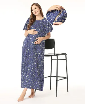 Bella Mama 100% Cotton Knit Half Sleeves Maternity & Nursing Nighty with Concealed Zipper Floral Print - Blue